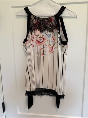 White House Black Market Cream Floral Lace-Trim Camisole with Black Accents